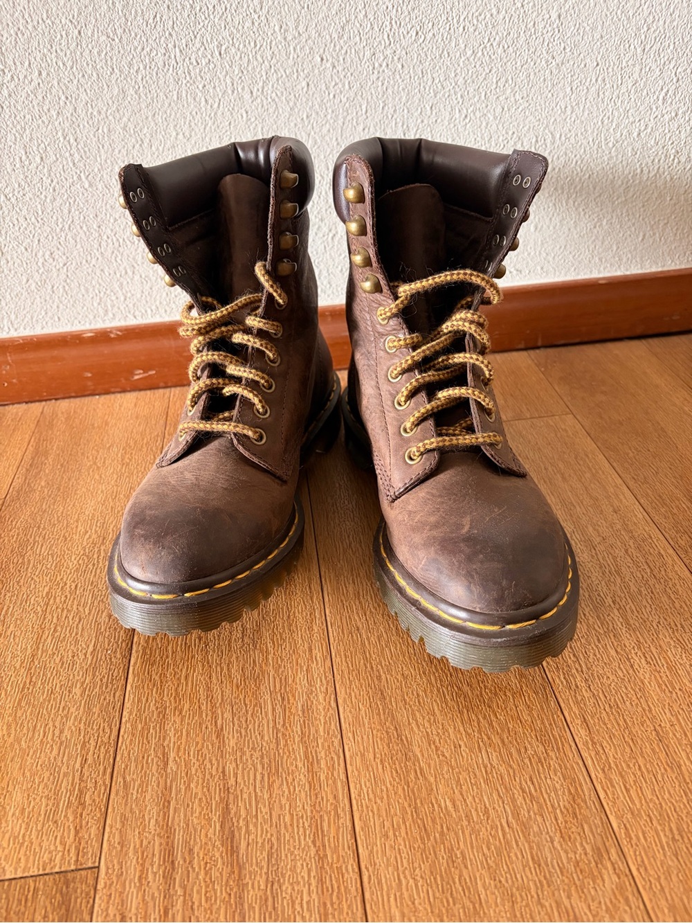 Dr. Martens Brown Leather Boots with Yellow Stitching
